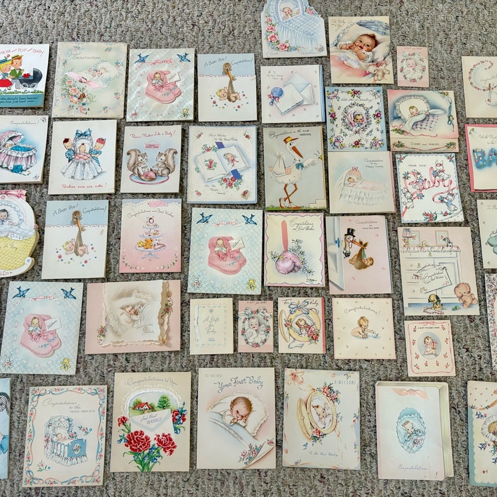 Vintage Lot Of 43 1940s New Born Baby Greeting Cards Glitter Embossed 3D Used